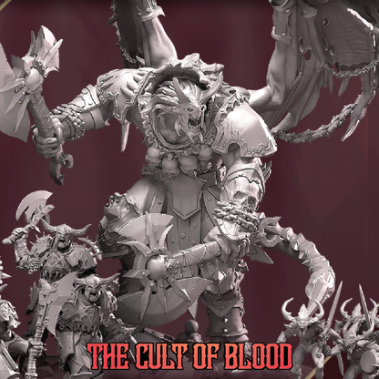 Warhammer figurine with 'The Cult of Blood' text on a red background