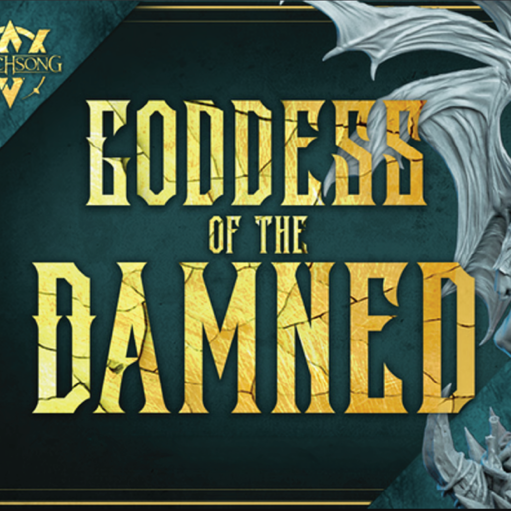 Book cover of 'Goddess of the Damned' with gold text and a dragon illustration on a dark background.