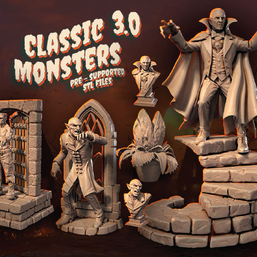 Collection of classic monster figurines with a dark background and text 'Classic 3.0 Monsters'.