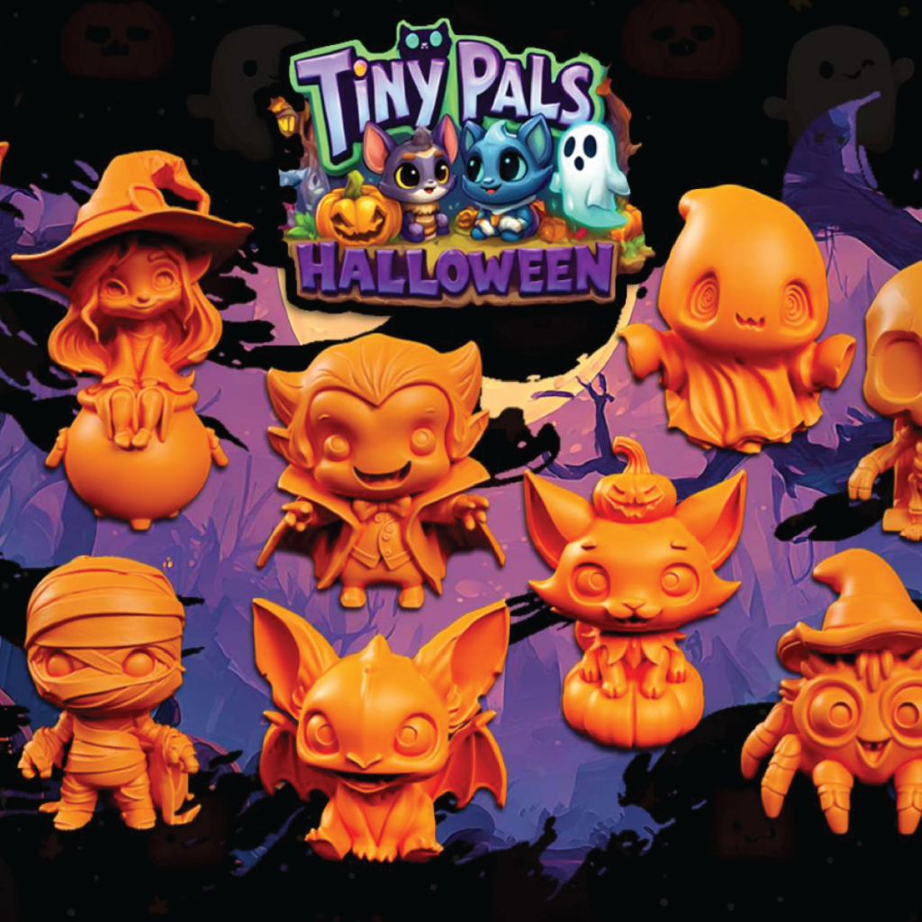 Halloween-themed Tiny Pals figurines with a dark background and 'Tiny Pals Halloween' text.