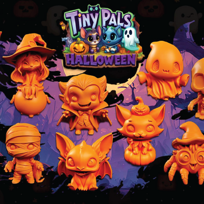 Halloween-themed Tiny Pals figurines with a dark background and 'Tiny Pals Halloween' text.