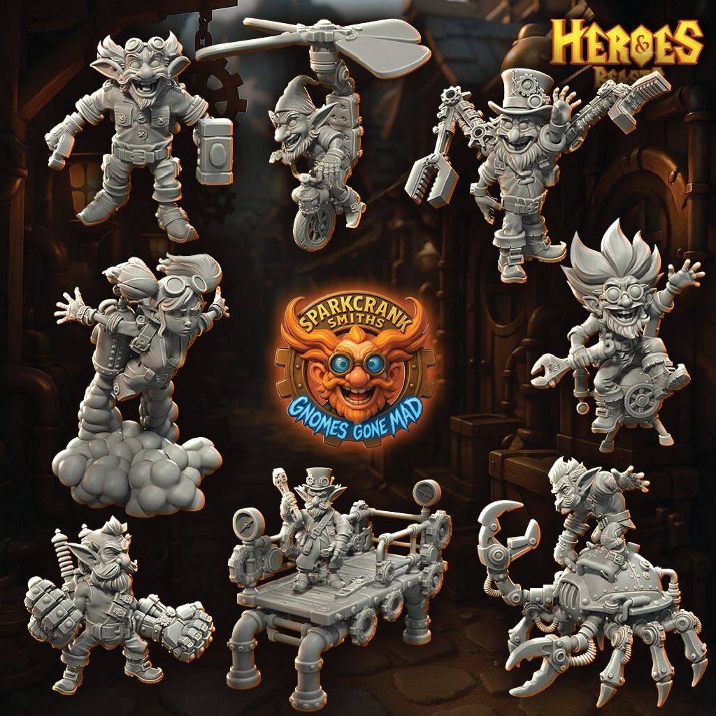 Renders of a set of Gnome Tinkerer miniatures set on a steampunk background