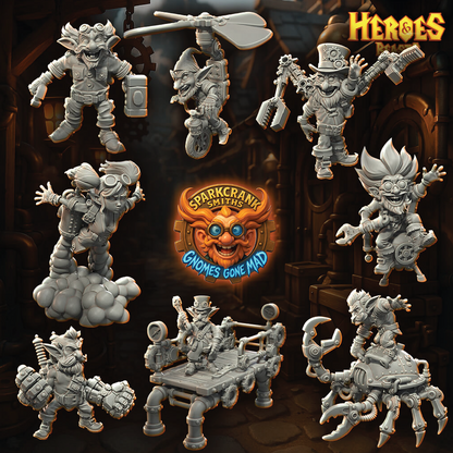 Renders of a set of Gnome Tinkerer miniatures set on a steampunk background