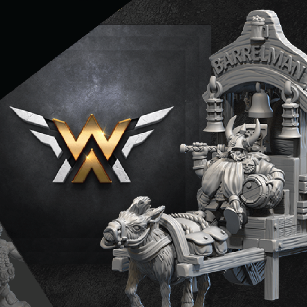 Minature figure of a donkey and person with barrels, featuring a logo on a dark background.