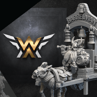 Minature figure of a donkey and person with barrels, featuring a logo on a dark background.