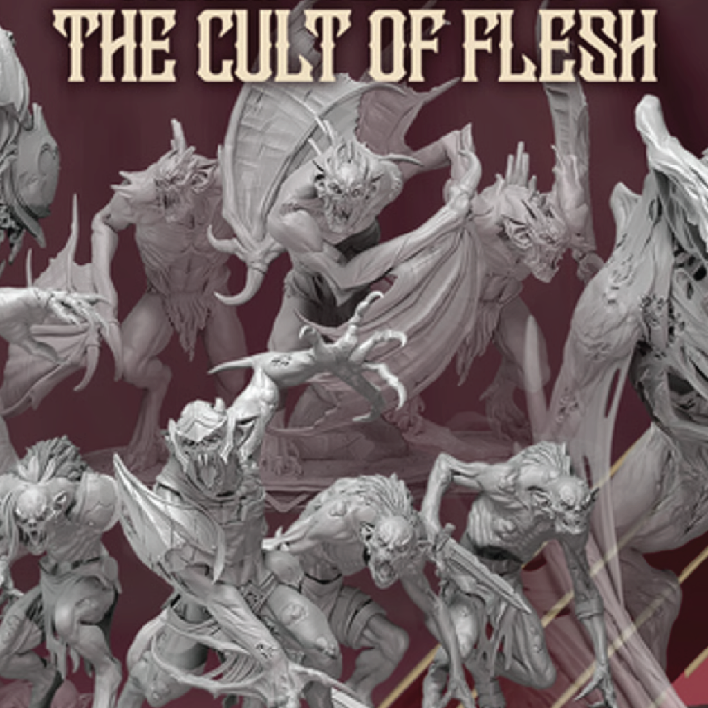 A collage of unpainted fantasy miniature figures in a gray resin-like finish, with the title text 'THE CULT OF FLESH' across the top on a dark burgundy background.