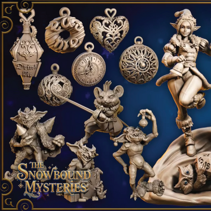 A cover image for the Snowbound Mysteries collection of 3D models. Models include holiday ornaments, characters, and fantasy creatures.