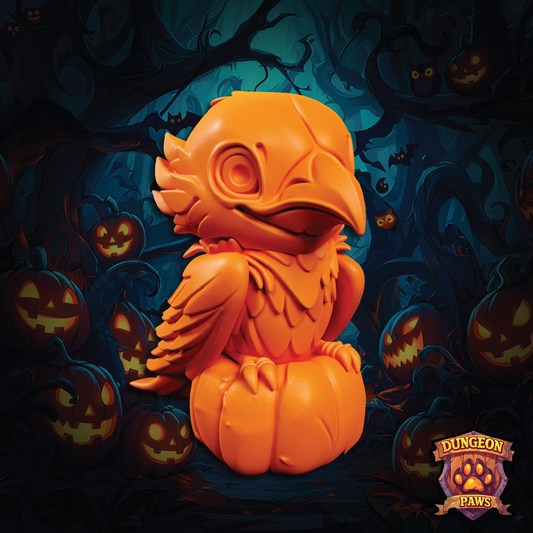 3D model of a chibi-style crow raven bird sitting on a pumpkin on Halloween