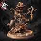 A detailed 3D-rendered Halloween figurine of a witch riding a broom-styled creature on a base with a lantern, set against a dark spooky forest background. A wolf-head logo appears in the top-left corner.