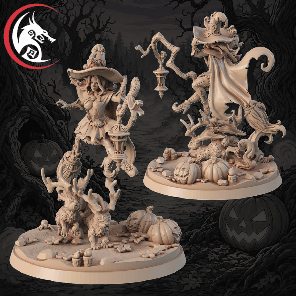Two unpainted fantasy tabletop miniatures in a Halloween theme, shown on a dark spooky forest background. The left figure is a witch riding a small creature, and the right figure is a witch floating or dancing with a cat on a pumpkin-covered base.