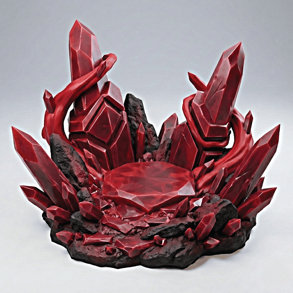 Red crystal-like sculpture on a gray background