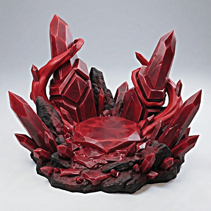 Red crystal-like sculpture on a gray background