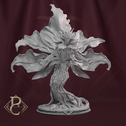 Gargoyle-like creature with leafy wings on a dark red background