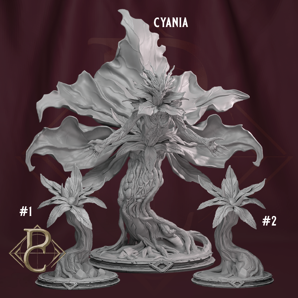 Decorative plant sculpture with 'Cyania' and '#1' and '#2' labels on a dark background.