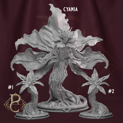 Decorative plant sculpture with 'Cyania' and '#1' and '#2' labels on a dark background.