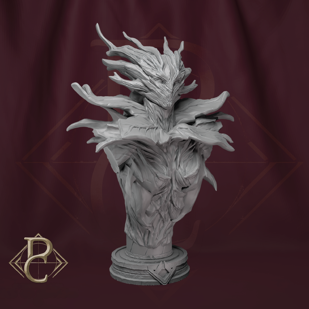 Gray dragon-like sculpture on a dark red background