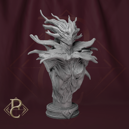 Gray dragon-like sculpture on a dark red background