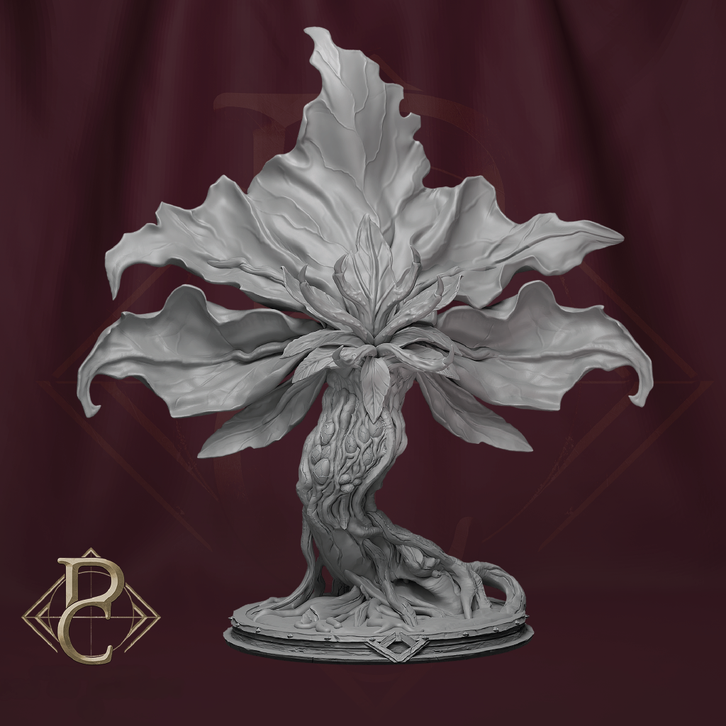 Decorative plant-like sculpture on a dark red background