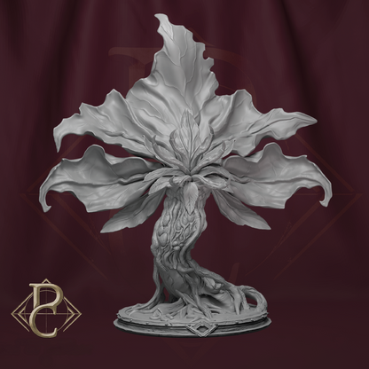 Decorative plant-like sculpture on a dark red background