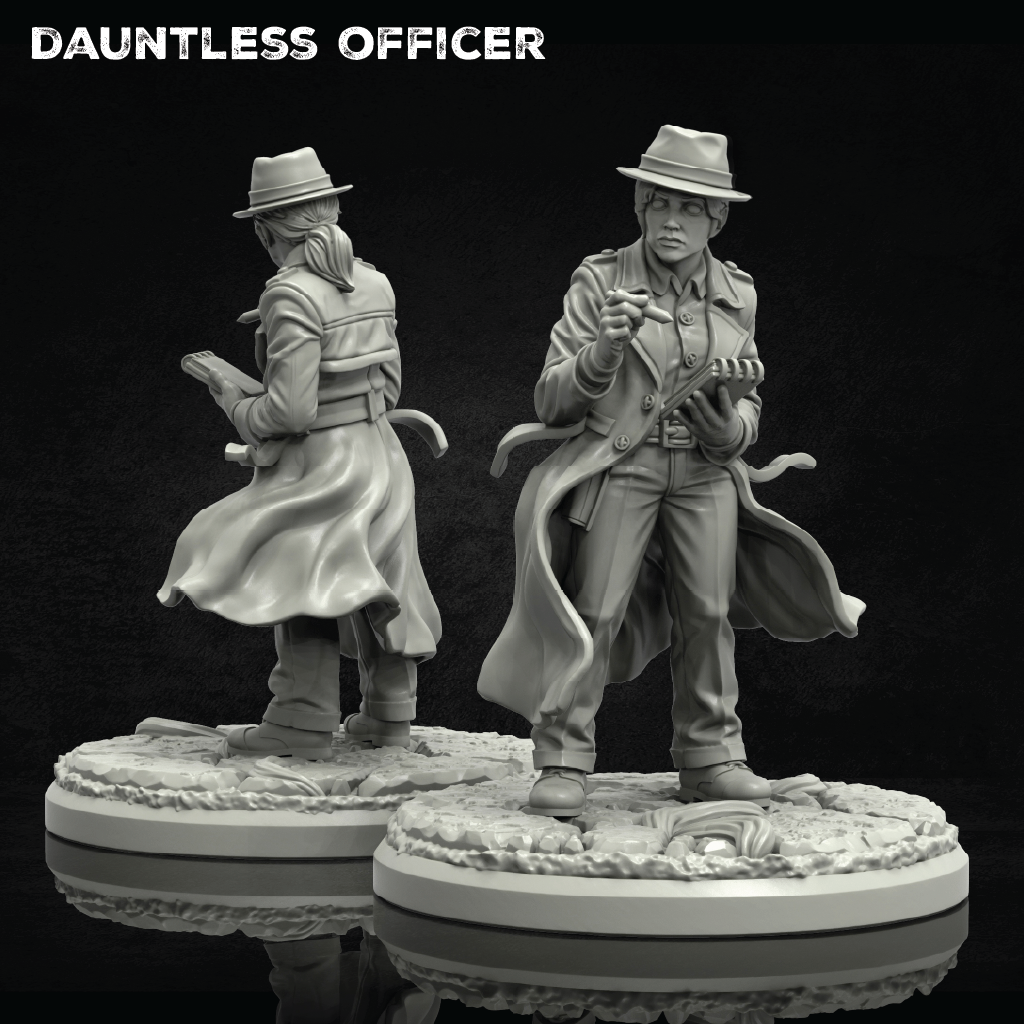 Two unpainted tabletop gaming miniatures of a detective couple, shown from front and back angles on a black reflective background. The text 'DAUNTLESS OFFICER' is displayed in the top left corner.