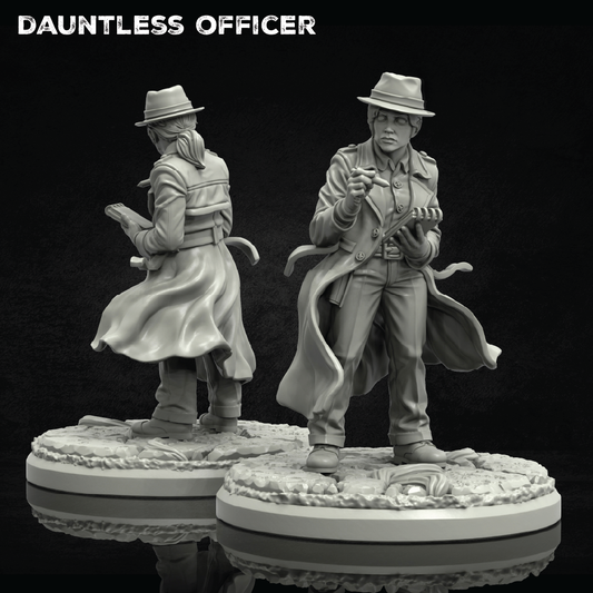 Two unpainted tabletop gaming miniatures of a detective couple, shown from front and back angles on a black reflective background. The text 'DAUNTLESS OFFICER' is displayed in the top left corner.