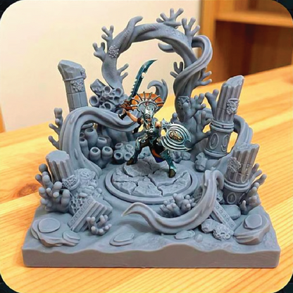 Decorative figurine with a warrior and ocean-themed architecture on a wooden surface
