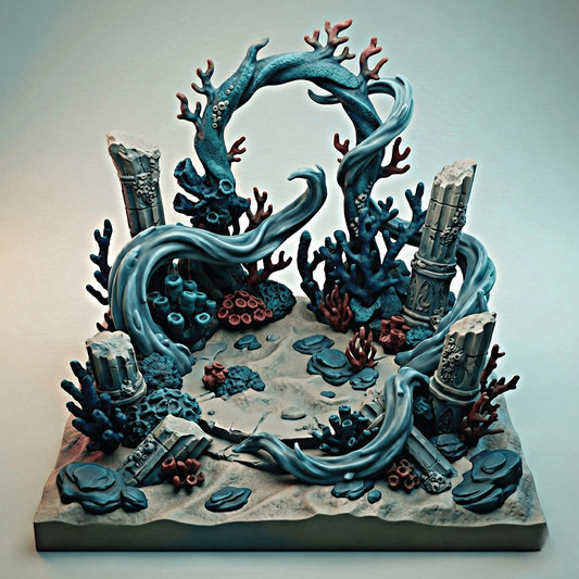 Decorative underwater scene with coral and rocks on a gray background