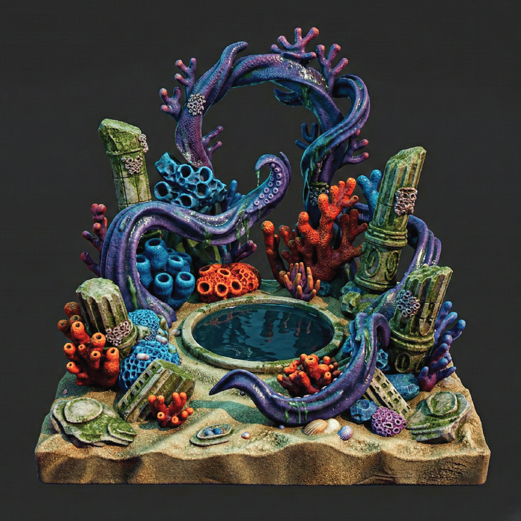 Color render of an underwater grotto diorama for 3D tabletop gaming miniatures