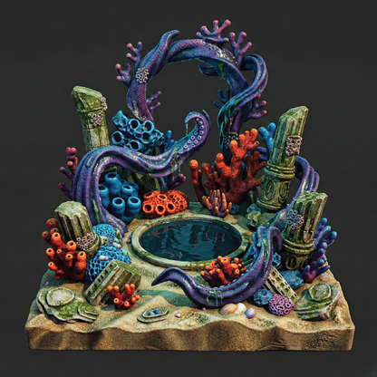 Color render of an underwater grotto diorama for 3D tabletop gaming miniatures