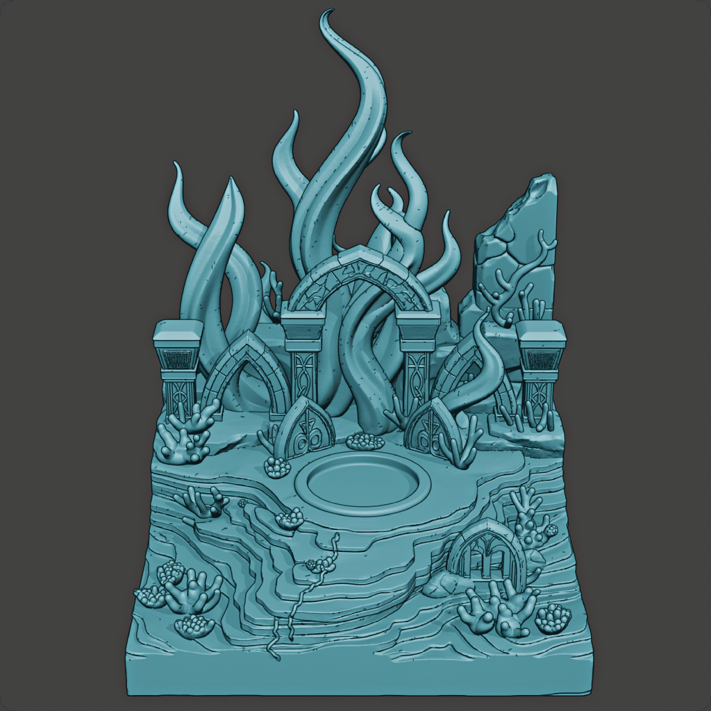 Teal fantasy landscape with architectural elements and plants on a gray background