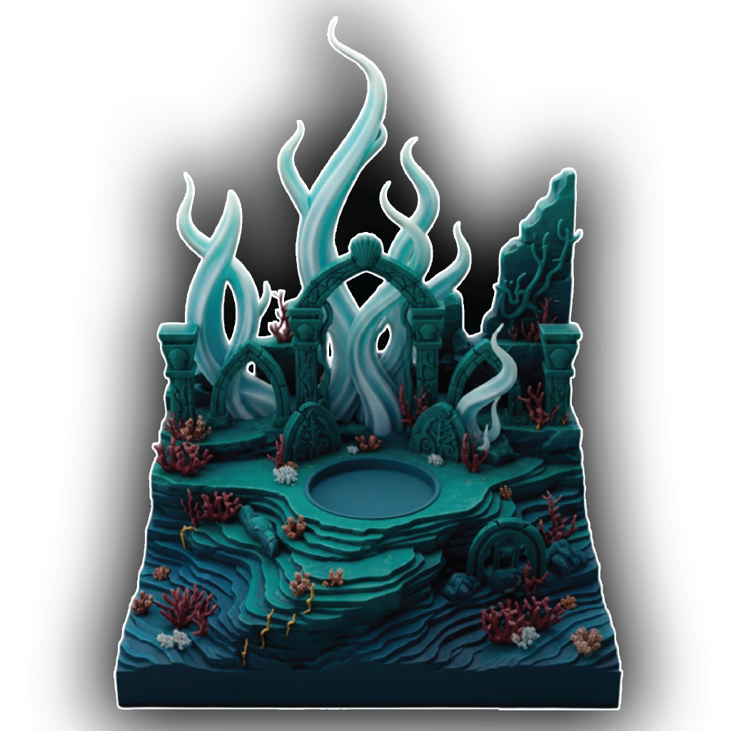 Decorative underwater scene with teal and blue colors on a white background