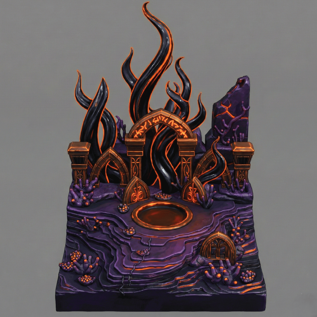 Gothic-style decorative piece with flames and architecture on a gray background