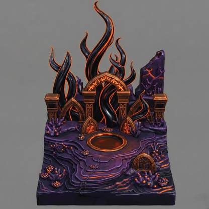 Gothic-style decorative piece with flames and architecture on a gray background