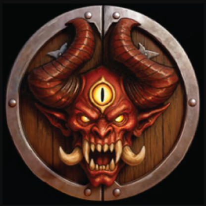 A circular fantasy emblem or shield featuring a red horned demon face with glowing yellow eyes and teeth, set against a dark wood background with a metallic rim.