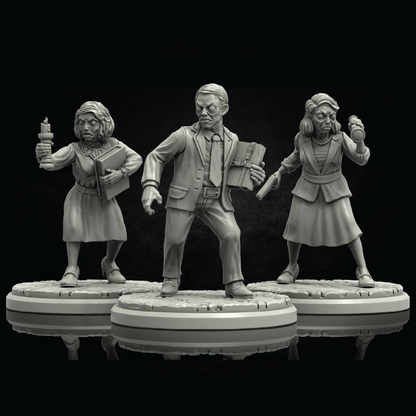 Three gray 3D-printable tabletop miniature figurines of zombie doctors and nurses on round bases, set against a solid black background.