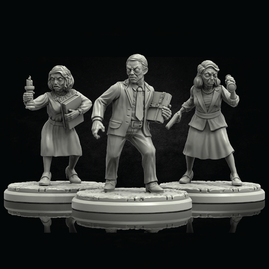 Three gray 3D-printable tabletop miniature figurines of zombie doctors and nurses on round bases, set against a solid black background.