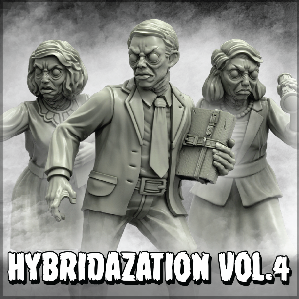 Promotional artwork for a 3D printing file or craft kit titled 'HYBRIDAZATION VOL.4', showing three grayscale zombie-like female figures surrounding a central male figure in a suit holding a book, with a smoky background.