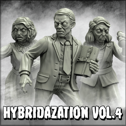 Promotional artwork for a 3D printing file or craft kit titled 'HYBRIDAZATION VOL.4', showing three grayscale zombie-like female figures surrounding a central male figure in a suit holding a book, with a smoky background.