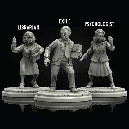 Three unpainted tabletop gaming miniatures on circular bases against a black background, labeled LIBRARIAN, EXILE, and PSYCHOLOGIST.