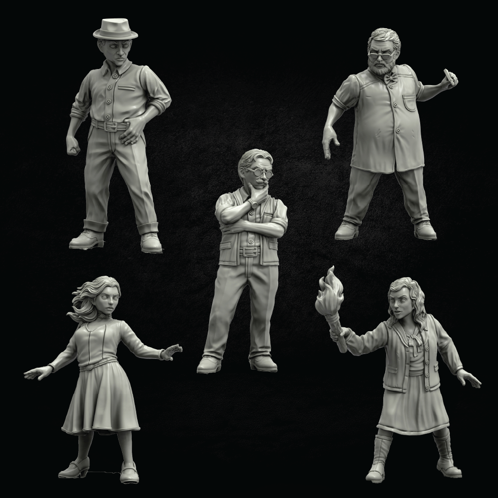Five unpainted gray 3D-printable miniature figurines of characters shown against a solid black background.