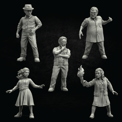 Five unpainted gray 3D-printable miniature figurines of characters shown against a solid black background.