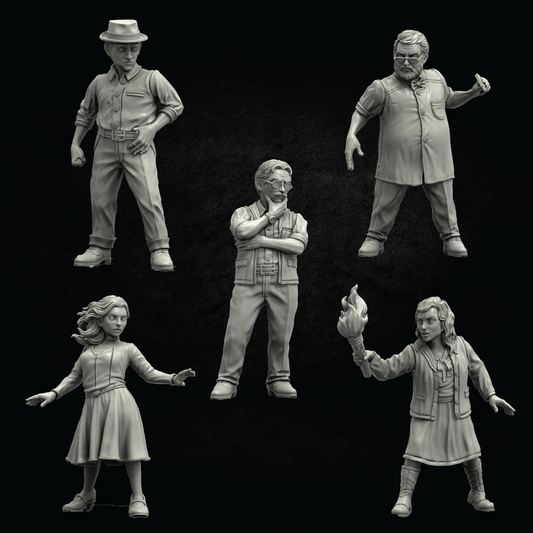 Five unpainted gray 3D-printable miniature figurines of characters shown against a solid black background.