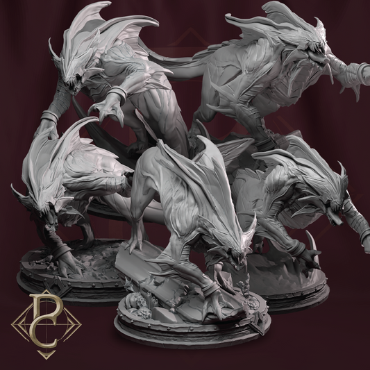 Gray fantasy dragon statues on a dark red background