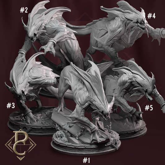 Gray fantasy creature figurine with multiple views on a dark background