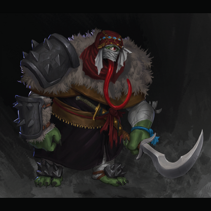 Fantasy illustration of a goblin-like armored warrior holding a curved sword, wearing a red hood, fur trim, and dark clothing against a dark background.