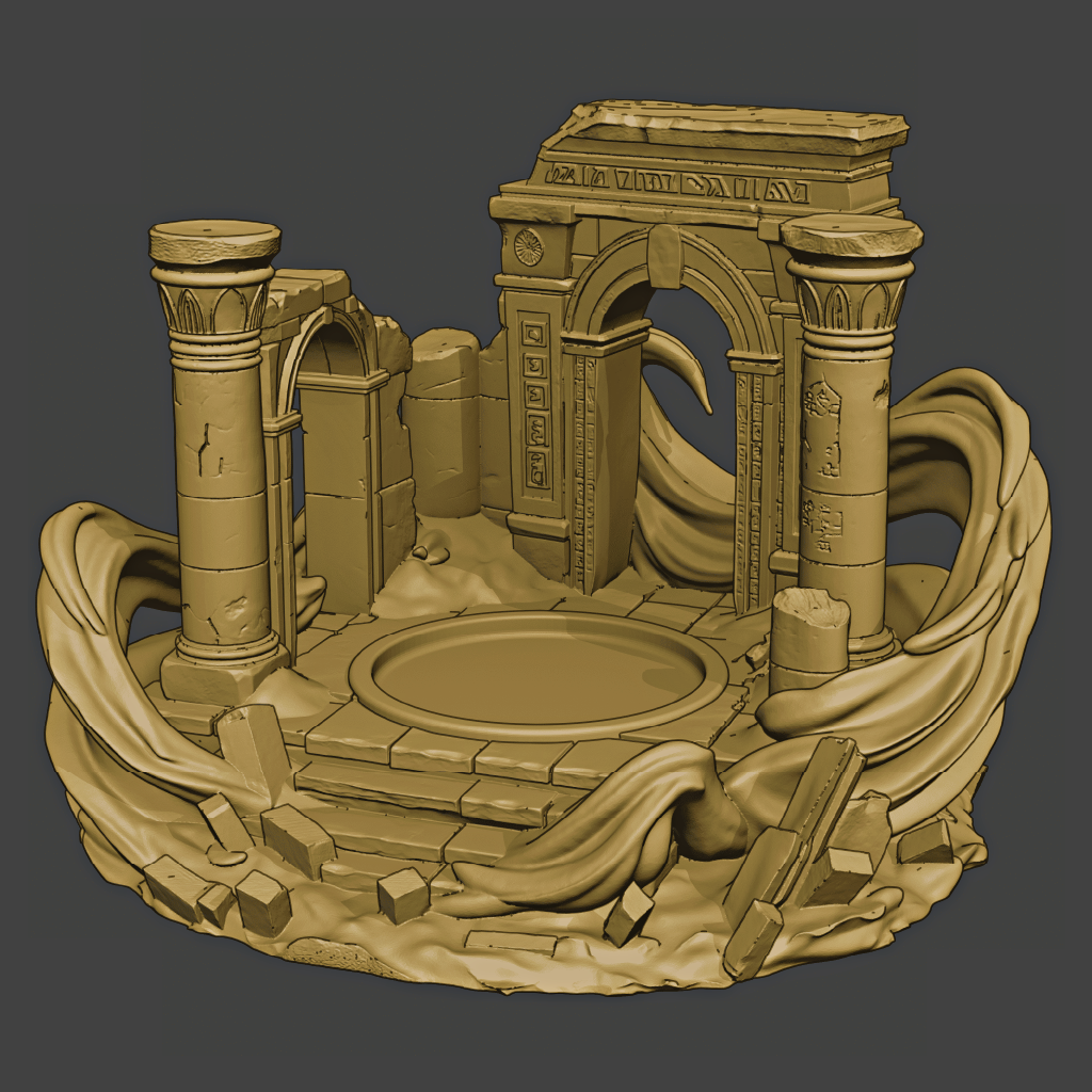3D model of an ancient ruin scene with columns and archway on a dark background