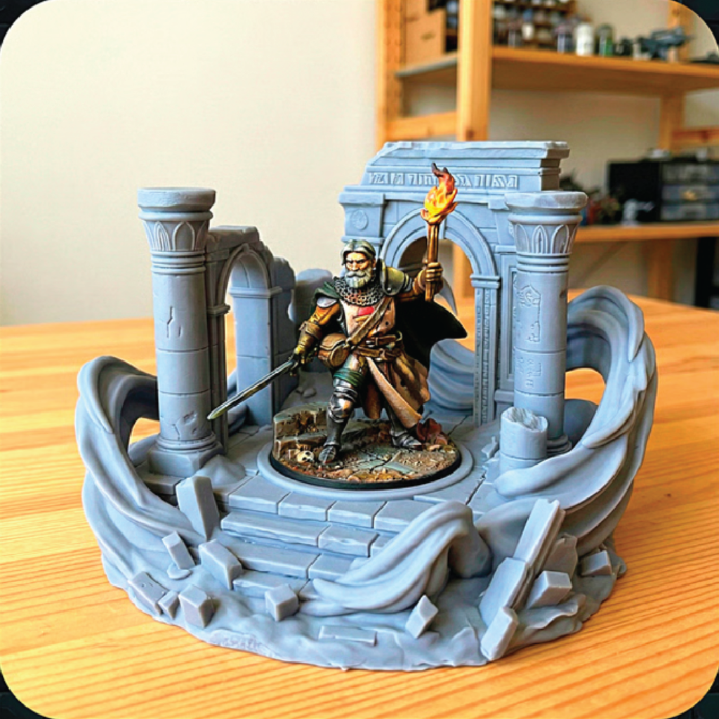 Decorative figurine of a warrior with a torch on a stone platform with columns.