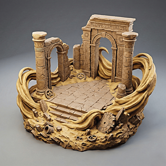 Terracotta-colored miniature model of an ancient ruin with columns and arches on a gray background