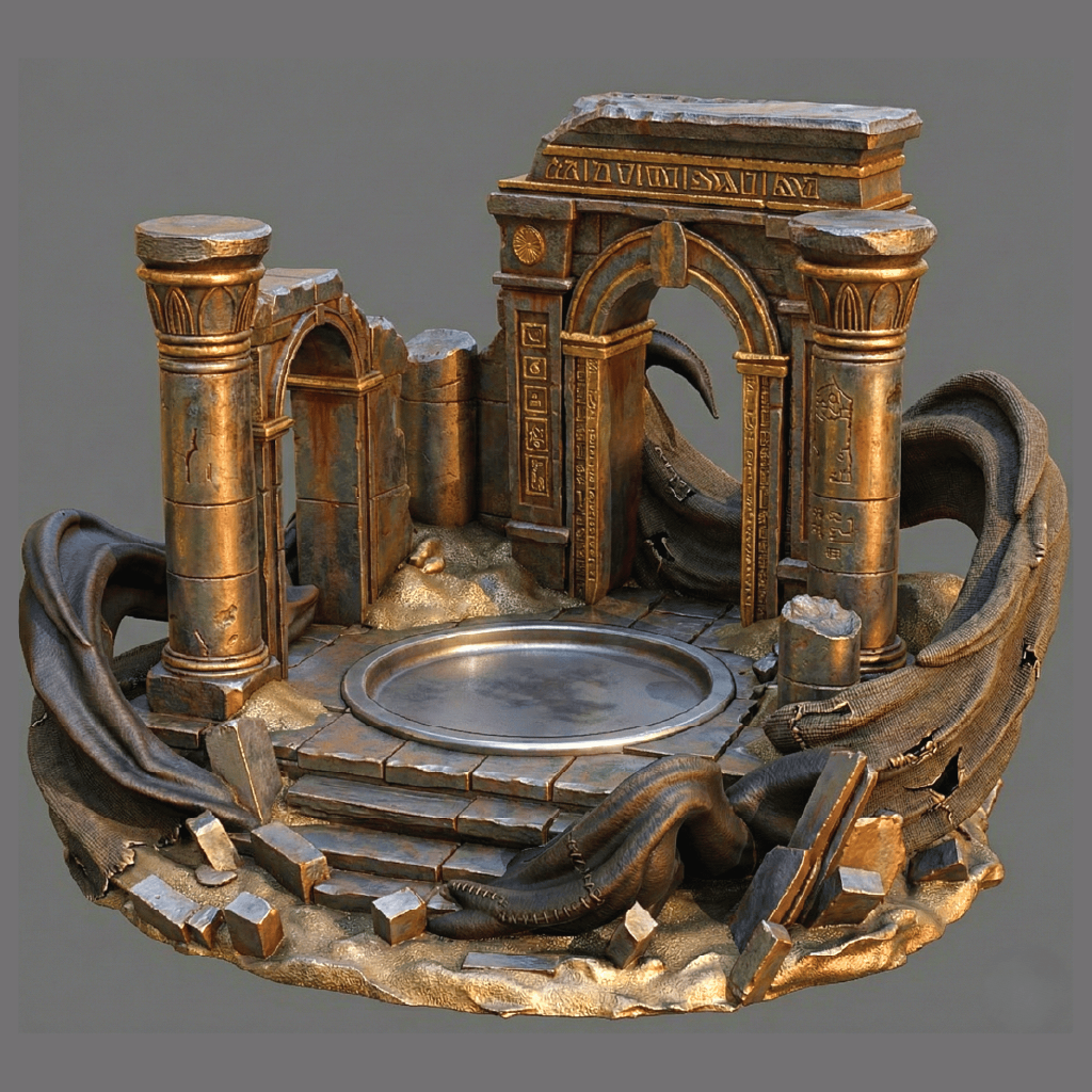 Decorative miniature model of an ancient ruin with columns and arches on a gray background