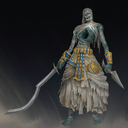 A stylized digital character wearing tattered white bandages and teal armor, holding curved and straight blades, set against a dark gradient background.